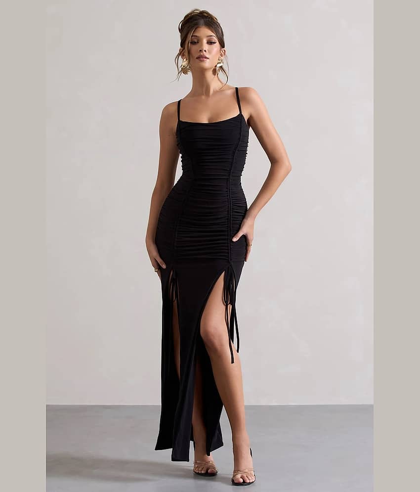wanquila Women Lycra Solid Side Slit Dress ( Black )