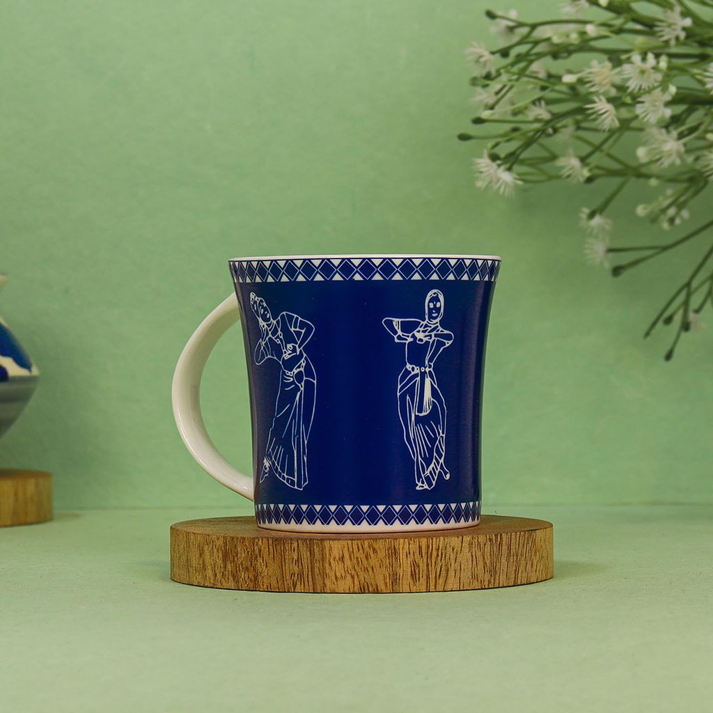 Femora Classical Dancers Pattern Tea Cups, Ceramic Tea Cups, Coffee Mugs (160 ml) - 6 Pcs Set (Blue)