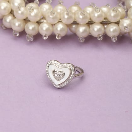 925 Sterling Silver Heart Shape Ring with White Enamel & Cubic Zirconia for Women | Stylish Love Statement Ring
