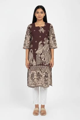 Pattachitra Print Cotton Kurti Chocolate Brown