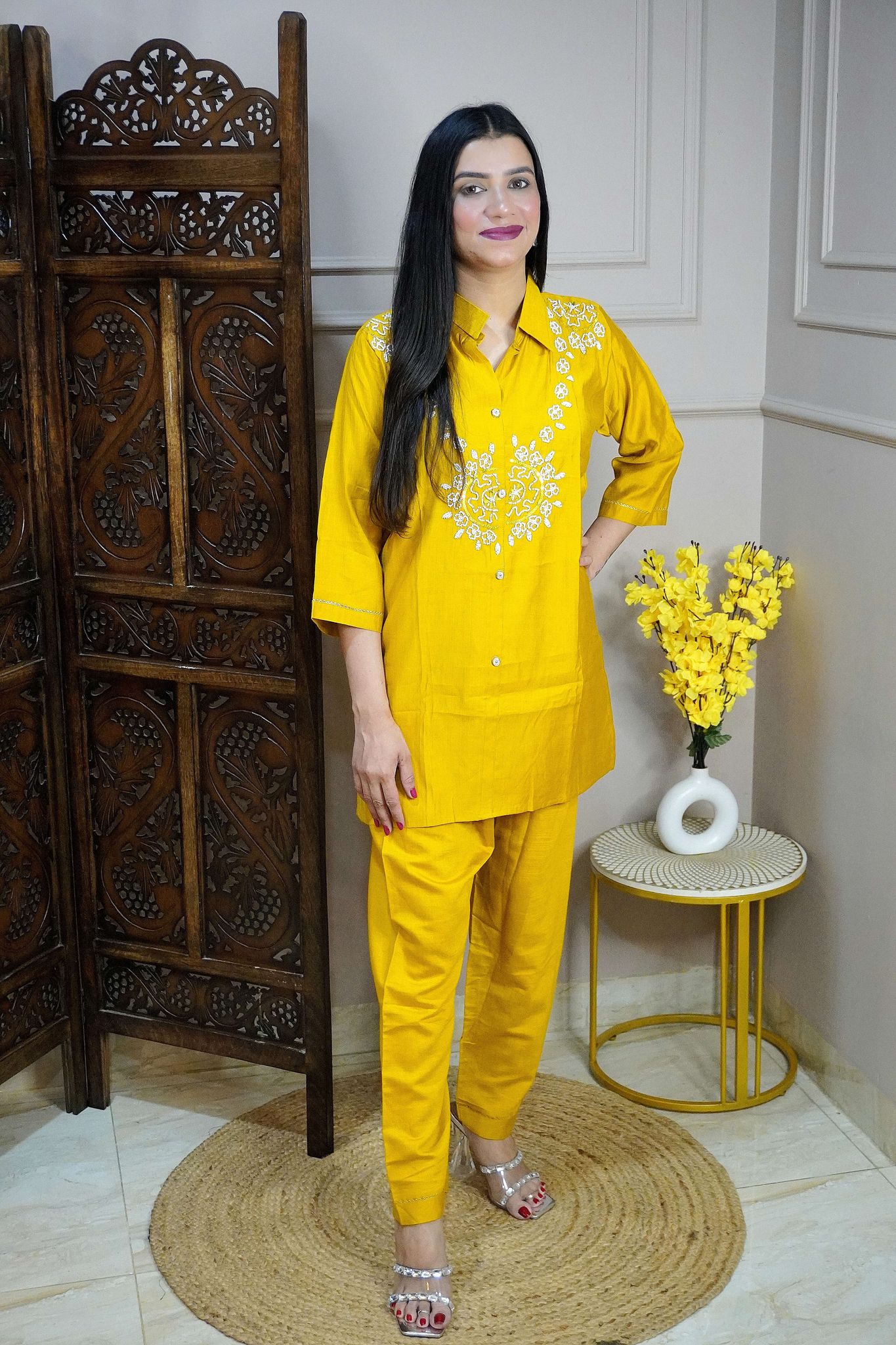 Mustard Yellow Colour Moti work Co-Ord set-XL / Mustard
