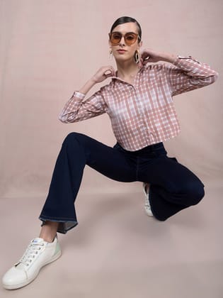 Brown Checked Crop Shirt-M / Brown
