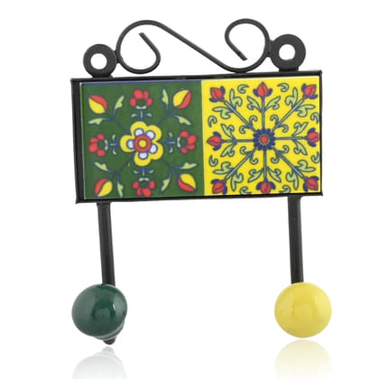 Blue Pottery Inspired Decorative Key HolderYellow & Green2 Hooks