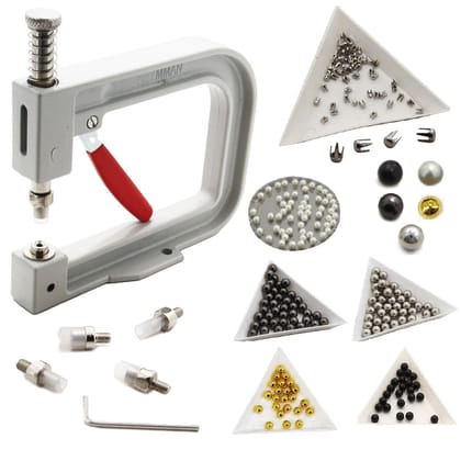 Pearl Setting Machine 6 Inch (1 Set) With 750 Beads (5 Colors x 25 GMs) & 750 Steel Rivets (15 Gms) Tool For Embroidery Art Crafts-1 Set - Tool + Nails + Beads