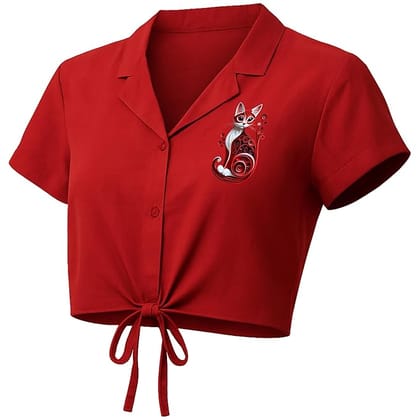 EqualLife Crop Top Shirt for Women-with Tie-Up Front, Button Down-Red Cat Front Print-EQCT900115