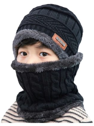 INFISPACE Babys Boys Warm Beanie Cap & Neck Scarf Set | Kids/Boys/Girls/Unisex Winter Woolen Warm Beanie Cap with Neck Warmer Black Color| Size- 6-12 Months - None