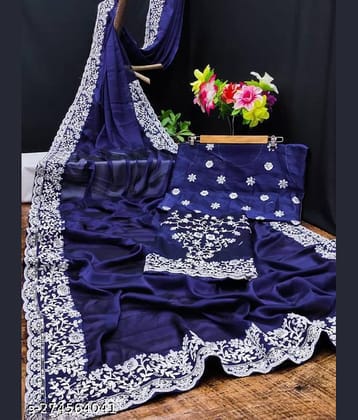 Shivadit ethnic Georgette Embroidered Saree With Unstitched Blouse Piece ( Blue )