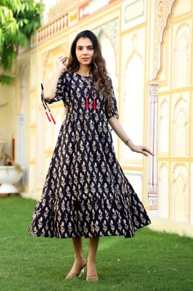 TRADITIONAL BAGRU PRINTBagru Hand Block Printed Cotton One Piece DressAttached Dori with Tussle in Neck Line