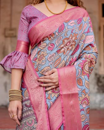 Graceful Grey Tussar Silk Saree with Pink Zari Border and Intricate Floral Motifs-Regular