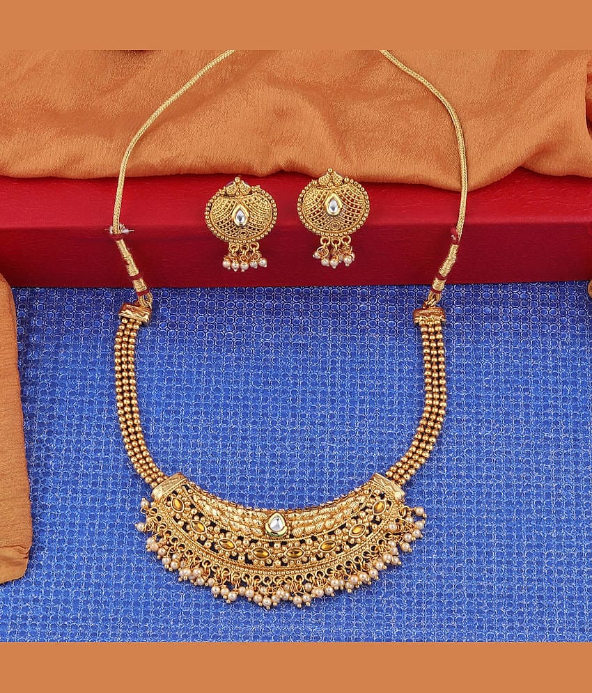 Silver Shine Alloy Golden Choker Traditional Gold Plated Necklaces Set