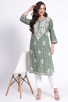 The Chikankari Story: Hand Embroidered Pure Cotton Printed Lucknowi Chikankari Kurta available in 4 subtle Colors-Green / S