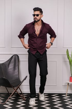 Wine Plain Double Pocket Full Sleeve Shirt Wine Plain Double Pocket Full Sleeve Shirt