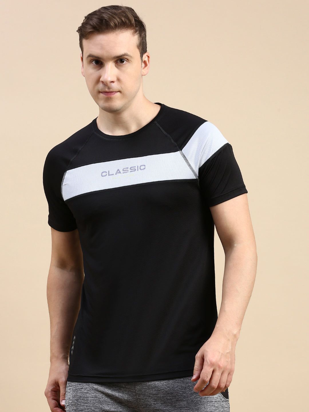 Classic Polo Men's Round Neck Polyster Black/White Slim Fit Active Wear T-Shirt