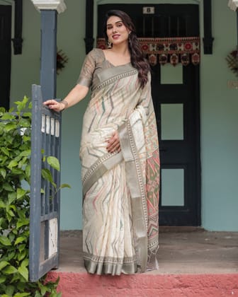 Cream and Olive Green Pure Cotton Linen Saree with Floral and Geometric Print and Tassels on Edges-Regular