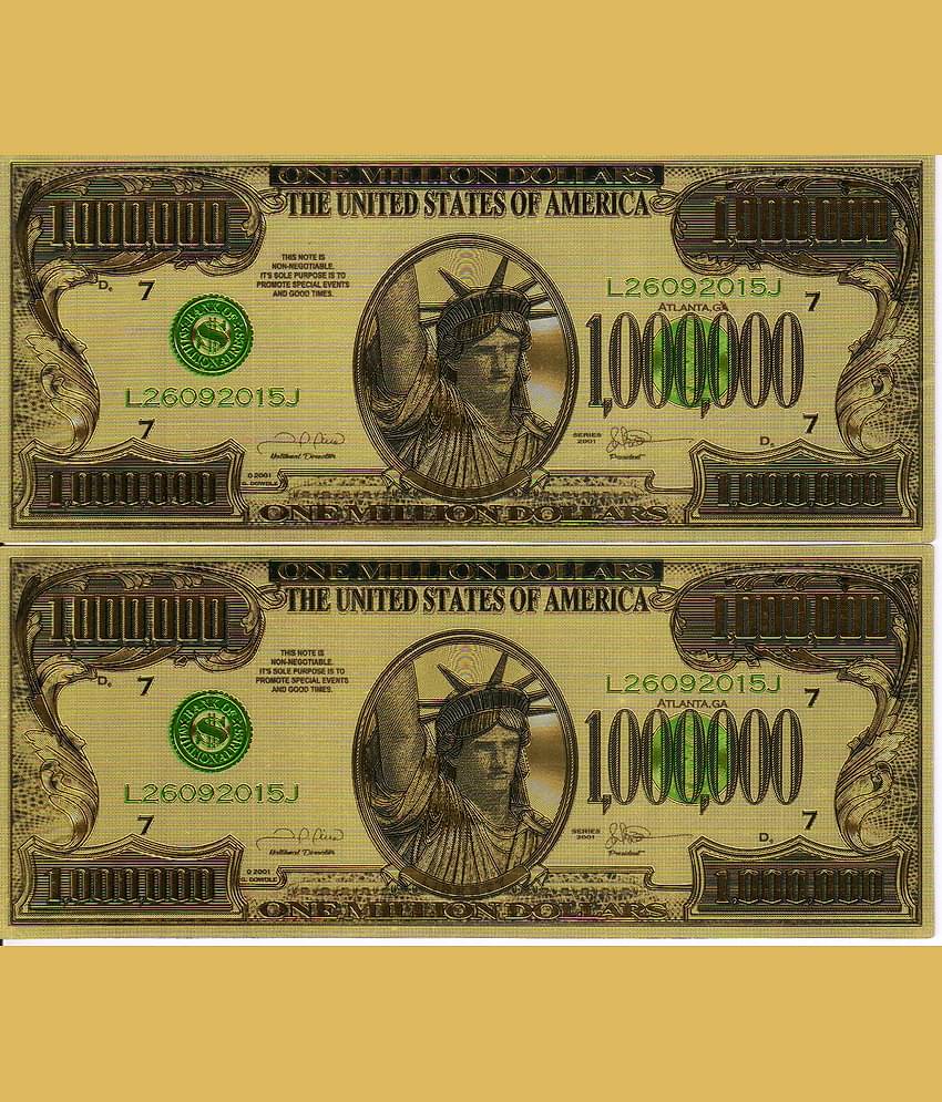 1 Million US Dollar Bill 24 Kt Gold Plated 2 notes