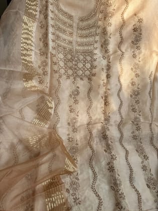 Organza Chikankari Length with Dupatta -Brown Beige-Brown / Organza / Pearl Work