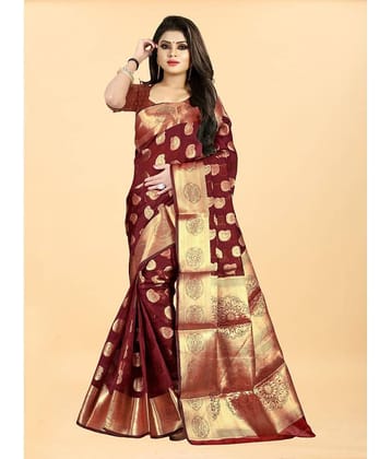Gazal Fashions Banarasi Silk Embellished Saree With Unstitched Blouse Piece ( Maroon )