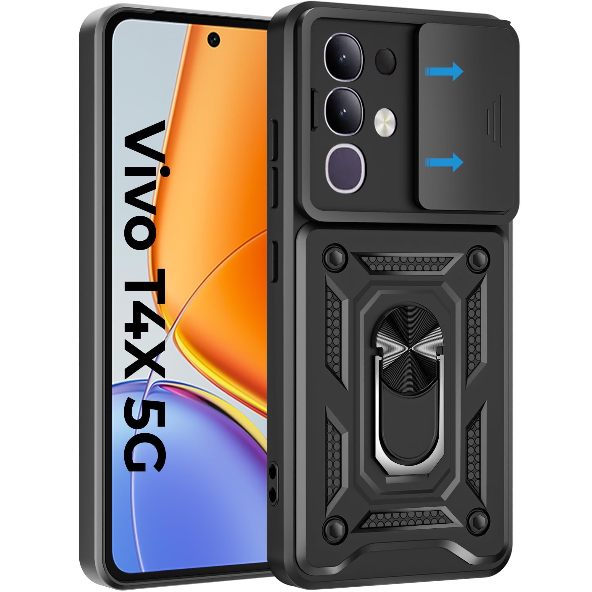 A rtistque Armor Bumper Back Case Cover for IQOO Z10x / Vivo T4x / Y29 4G / Y31 Pro | Stylish Ring Holder & Inbuilt Stand | Sliding Camera Cover | IQOO Z10x Back Cover - Black A rtistque Armor Bumper Back Case Cover for IQOO Z10x / Vivo T4x / Y29 4G / Y3