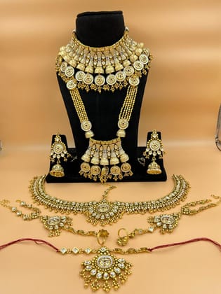 ZEVAR I Marvelous Glorious Bridal Kundan Gold Plated Dulhan Bridal Set for Women-Golden-White