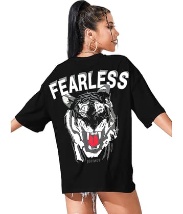 Leotude Women Cotton Blend Printed Oversized Fit Round Neck T-Shirt ( Black )