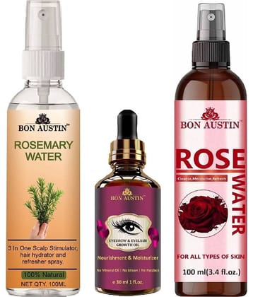 Bon Austin Natural Rosemary Water | Hair Spray For Regrowth (100ml), Eyebrow and Eyelash Growth Oil 30ML & Natural Rose Water 100ml - Set of 3 Items