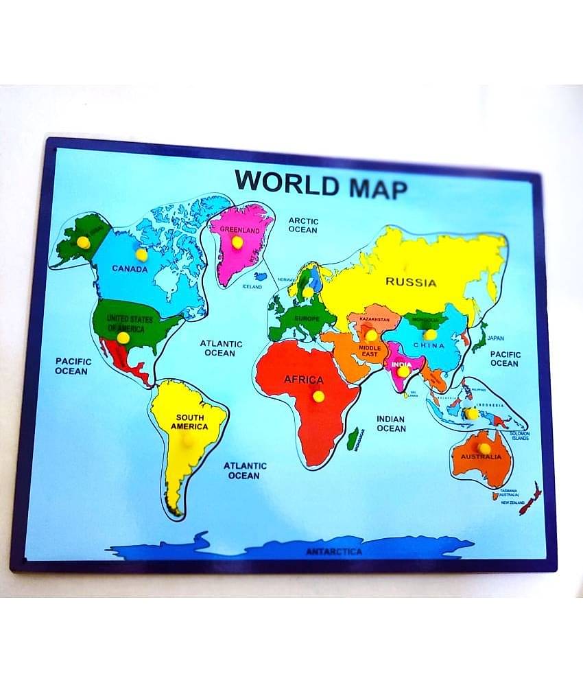 Peters Pence Wooden World Map Puzzle Tray with Knobs for Kids  Multicolor- Educational