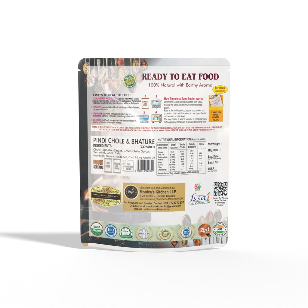 Chole & Bhature | No Added Preservative and Colours | Serve Hot Anytime Anywhere with our Flameless Food Heater inside the Pack. | Indian Tasty Flavour
