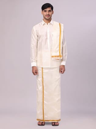 Mens Art Silk Cream Wedding Shirt with Flexi Dhoti and Nerial - Blessing Cream-36 / Cream / F/S