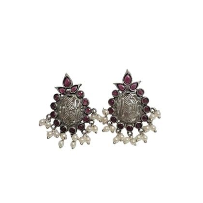 Anvaya Collections Traditional Pearl Drop Earrings with Ruby and Emerald Stones, Silver-Toned