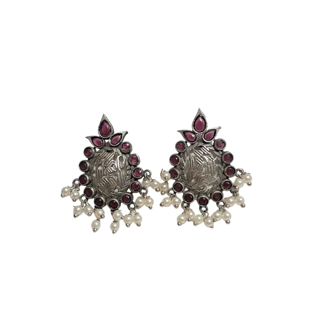Anvaya Collections Traditional Pearl Drop Earrings with Ruby and Emerald Stones, Silver-Toned