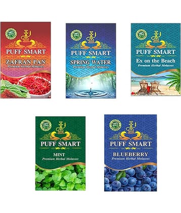 Puff Smart Premium Herbal Hookah Flavour Pack of 5 (Zafran Pan, Spring Water, Ex on the Beach, Mint, Blueberry)