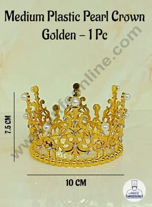 CAKE DECOR™ Medium Plastic Pearl Crown Topper For Cake And Cupcake Decorations - Gold