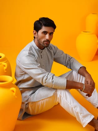 Men's Silk Bend Krochet Thread Embroidered Grey Kurta with White Pyjama-36