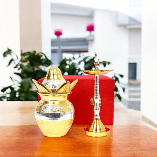Traditional Brass Kalash & Diya Set with Red Velvet Box