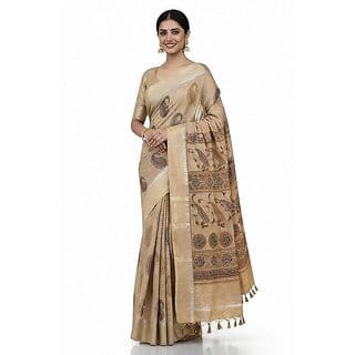Fancy Linen Cotton Saree Mango Print Linen Saree Lightweight Casual Saree Office Wear Cotton Saree (Light Brown)