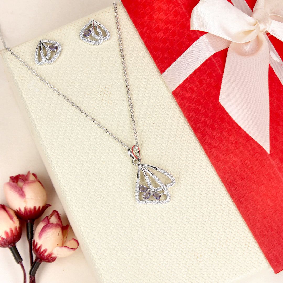 Purple Stone CZ Rhodium Pendant Set - SIA446801_C