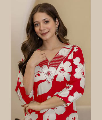 Kapadia Women Cotton Blend Printed Straight Kurti ( Red )