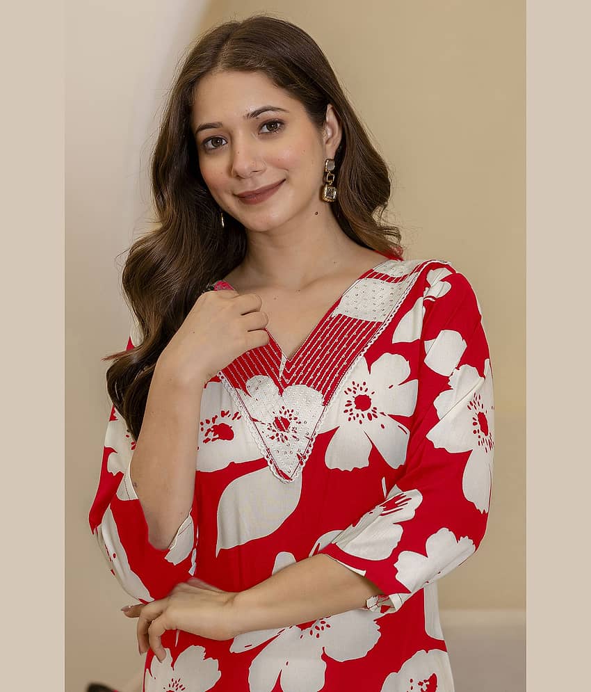Kapadia Women Cotton Blend Printed Straight Kurti ( Red )