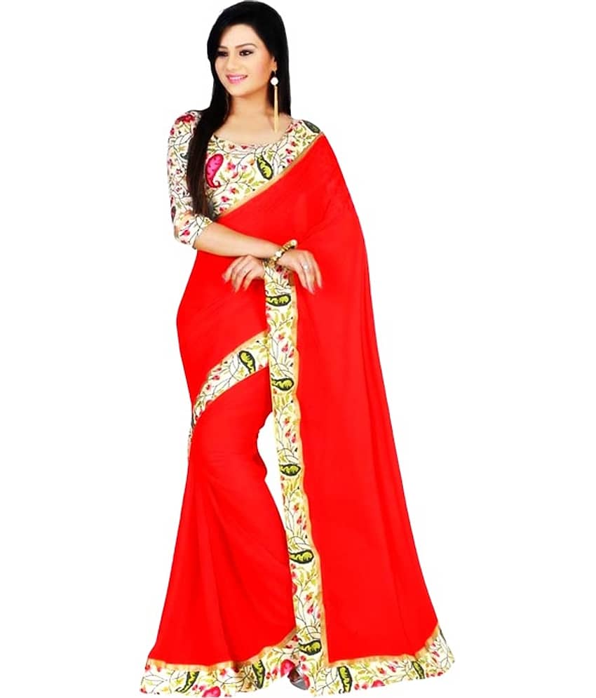 AV FASHION Chiffon Saree With Unstitched Blouse Piece ( Red )
