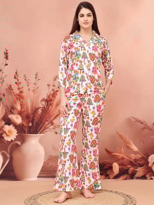 Color Abstract Printed Viscose Rayon Fabric Night Suit  For Women-S