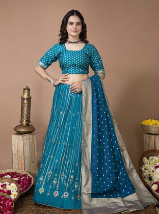 Rama Blue Banarasi Semi-Stitched Lehenga Choli