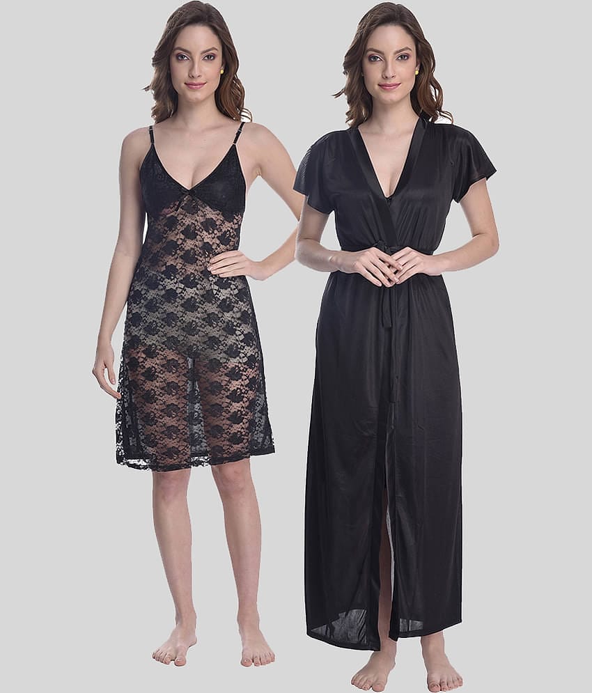 Gutthi Black Satin Women's Nightwear Robes ( Pack of 2 )