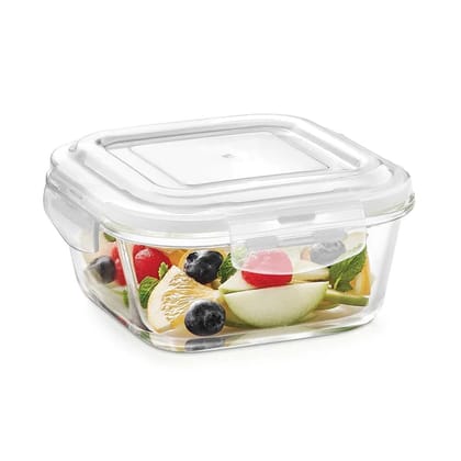 Borosil Klip N Store Glass Storage Container For Kitchen With Air-Tight Lid, Microwave & Oven Safe, Square, 1 L, Clear