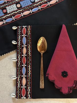 KRI India The Minimalist Festive Sequins Placemats Set|Set of 2 | Black with red, light blue & off white threadwork  | 12x17.5 inches | Wash & Care | 100% Cotton | Handcrafted in India. 100% organic & natural.