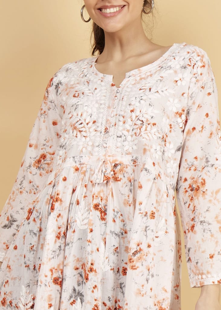 Mulmul Short Frock Style Kurti - Floral Print Orange