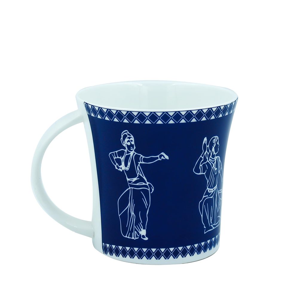 Femora Traditional Dancers Pattern Tea Cups, Ceramic Tea Cups, Coffee Mugs (160 ml) - 6 Pcs Set (Blue)