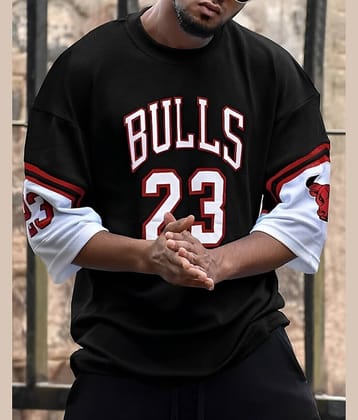 TAZO Cotton Blend Oversized Fit Printed 3/4th Sleeves Men's Round T-Shirt - Black ( Pack of 1 )