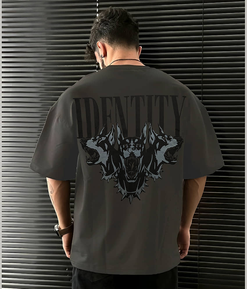 LEWEL Cotton Blend Oversized Fit Printed Half Sleeves Men's Round T-Shirt - Grey ( Pack of 1 )