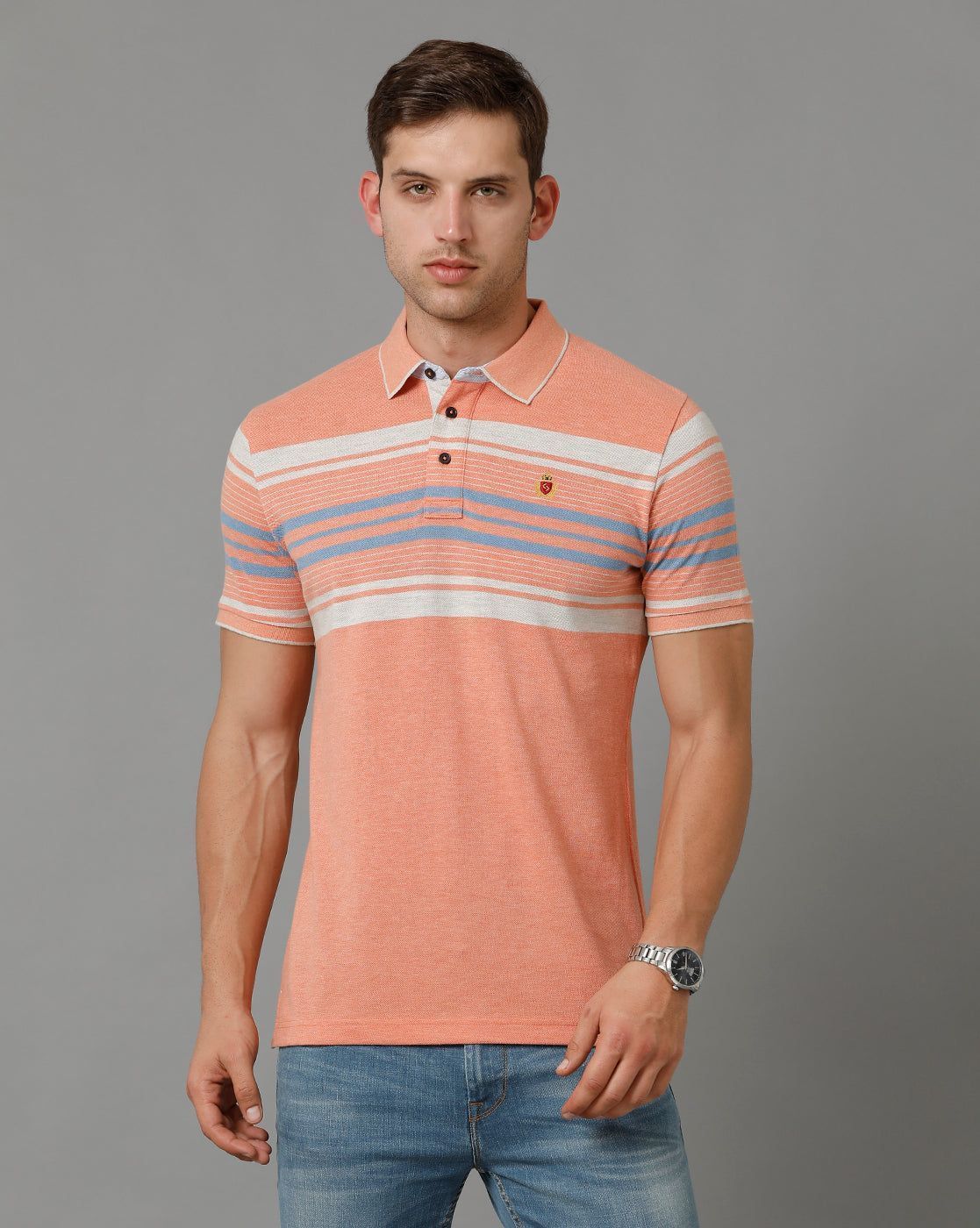 Classic Polo Men's Striped Peach Cotton Half Sleeve T-Shirt | VTA - 264 B SF P