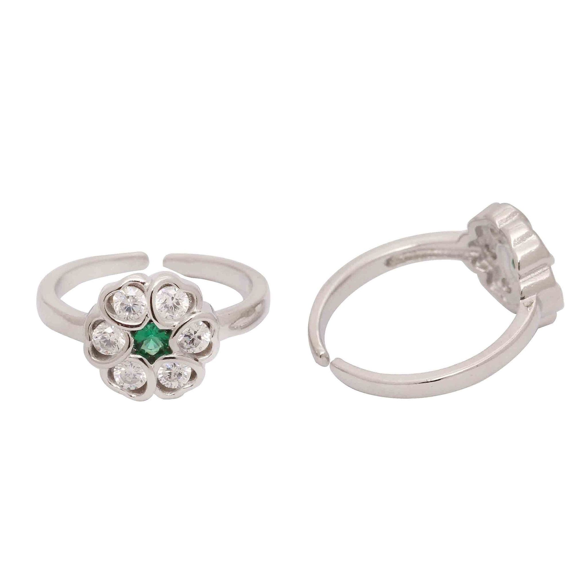 Silver Flower With Single Green Stone
